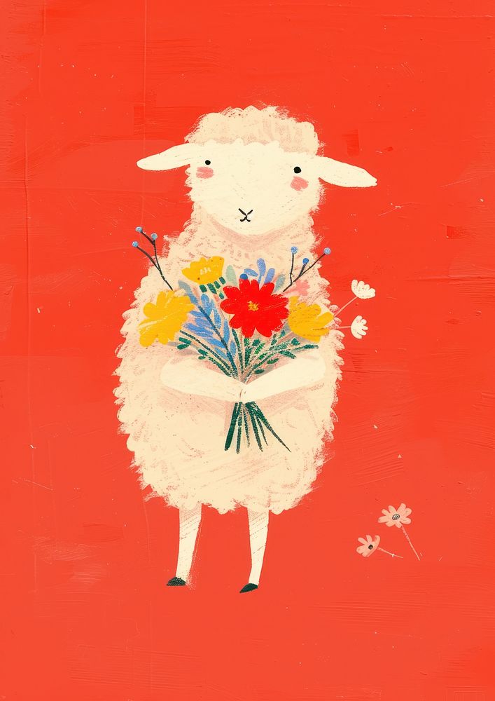 Sheep holding a bouquet of flowers animal sheep art.