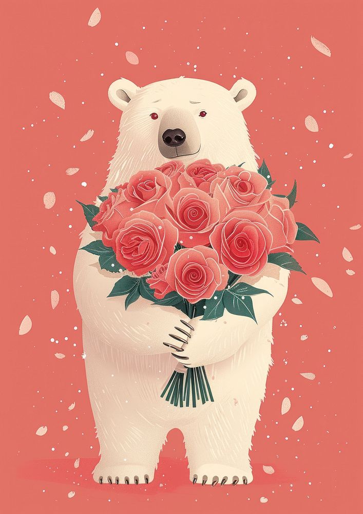 A polar bear holds a large bouquet of roses art nature flower.