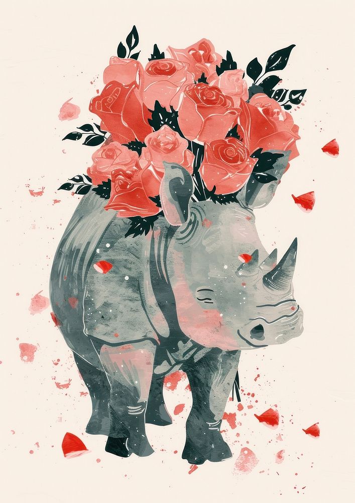 A Rhinoceros holds a large bouquet of roses animal rhinoceros mammal.