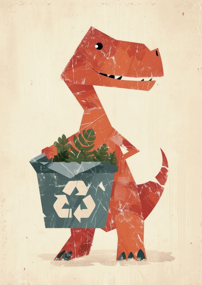 Dinosaur holding recycle bin art paper representation.