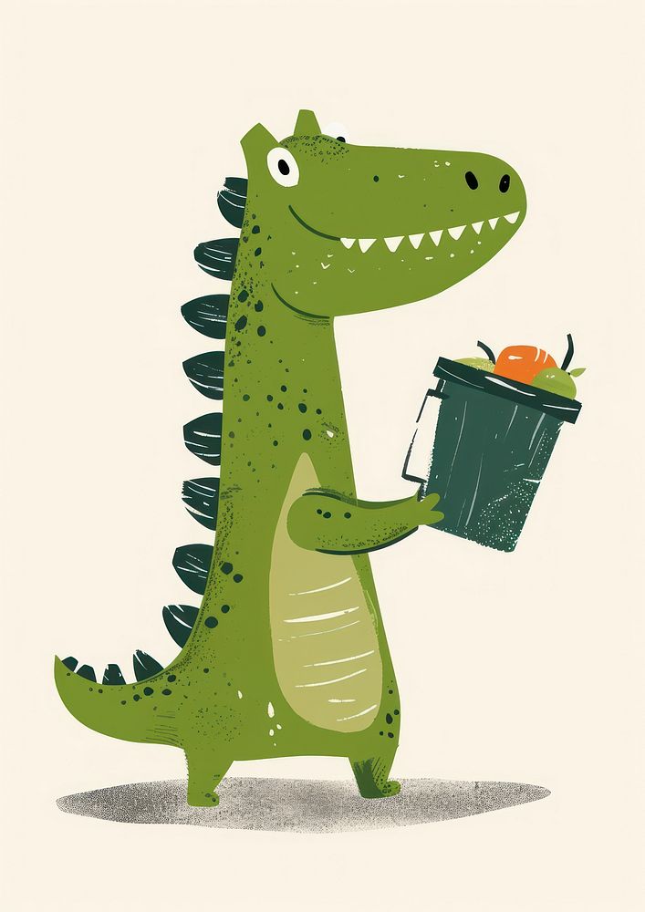 Dinosaur holding recycle bin animal representation container.