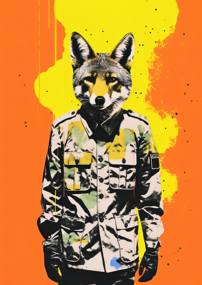 Fox wearing soldier uniform art representation creativity.