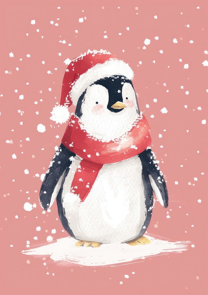Penguin wearing Santa Claus costume snow snowman winter.