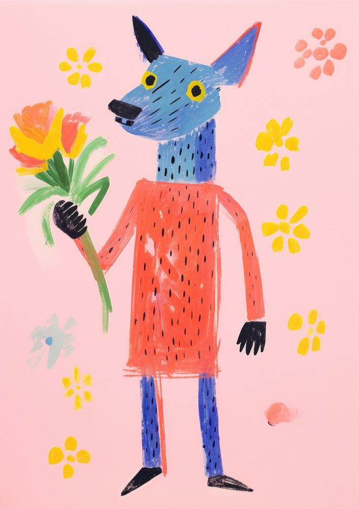 Dog holding a bouquet of flowers art painting animal.