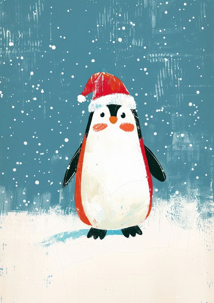 Penguin wearing Santa Claus costume snow snowing snowman.