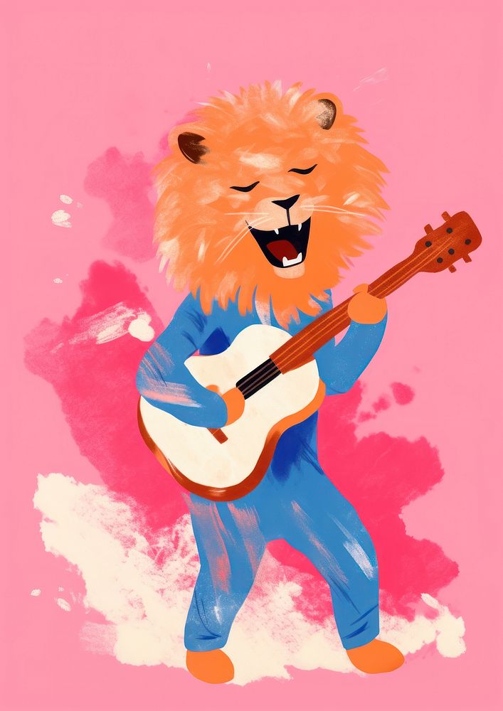 Lion playing acoustic guitar mammal representation performance.