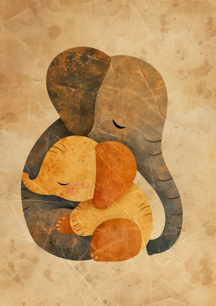 Elephant mother hugging her little elephant baby art painting representation.