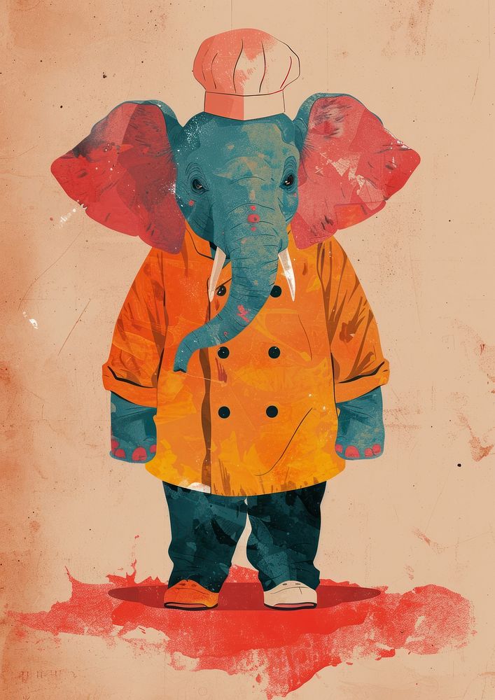 Elephant wearing chef uniform art painting cute.