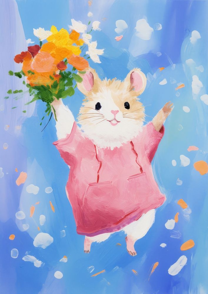 A cartoon Hamster holding a bunch of flowers animal rat painting.