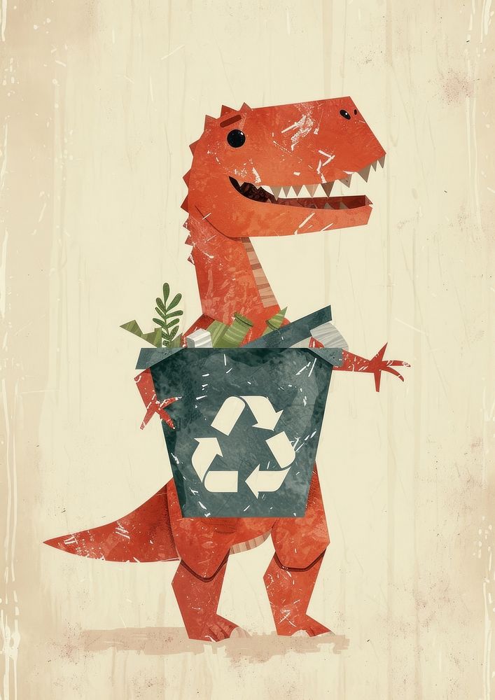Dinosaur holding recycle bin art representation extinct.