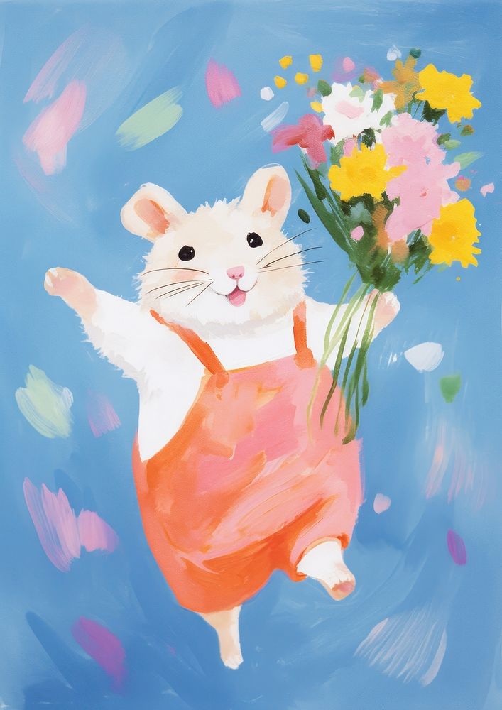 A cartoon Hamster holding a bunch of flowers animal painting hamster.