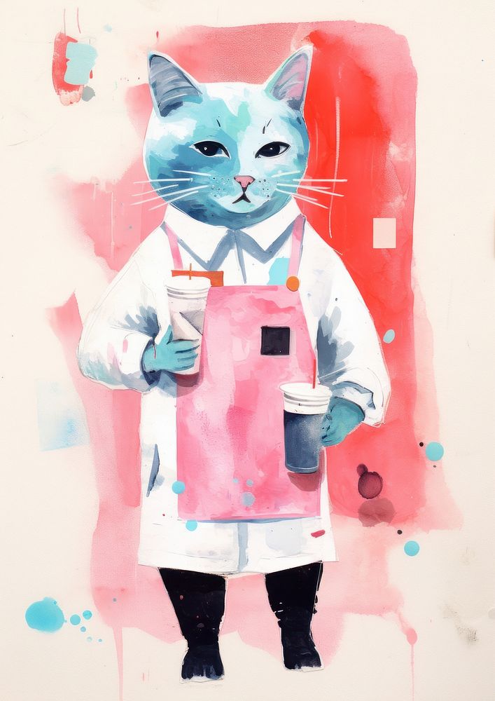 Cat wearing barista uniform art painting mammal.