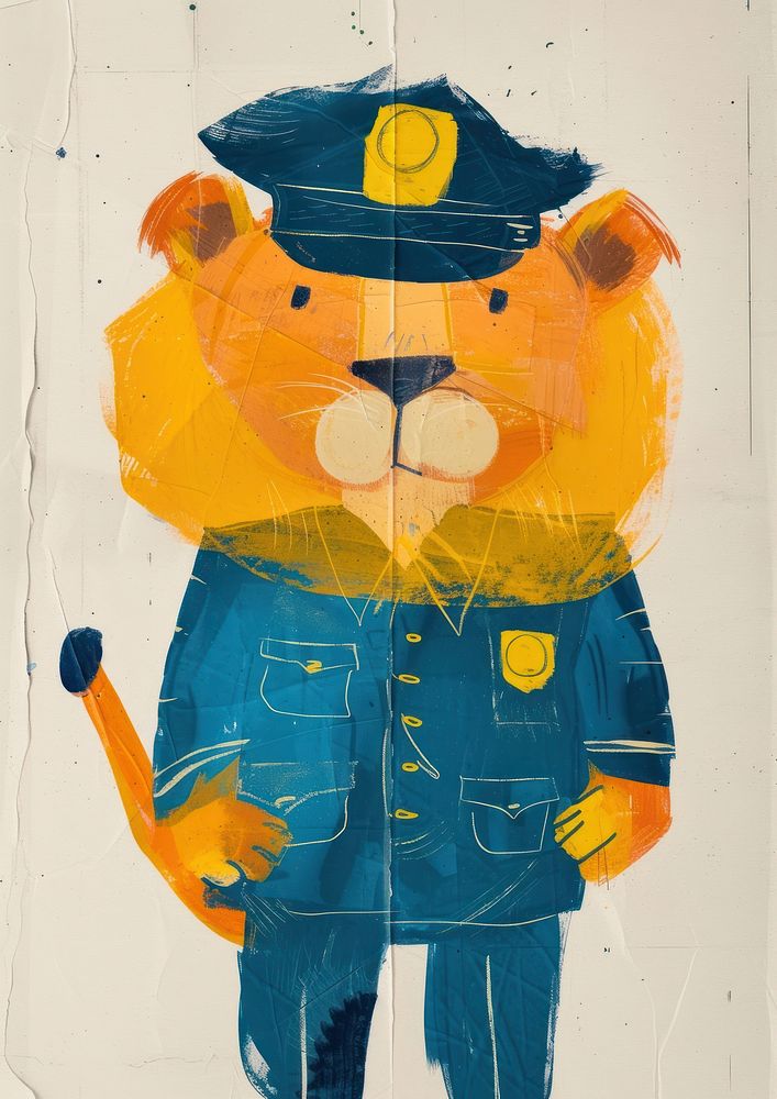Lion wearing police uniform art painting anthropomorphic.