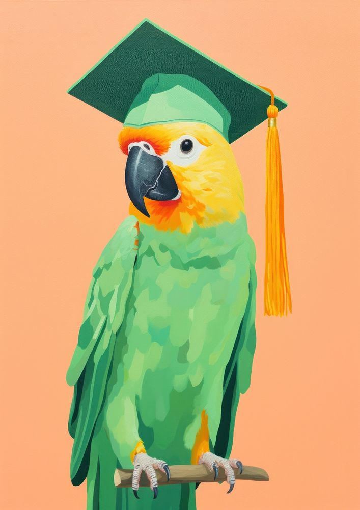A parrot graduates wearing a graduation gown animal bird beak.