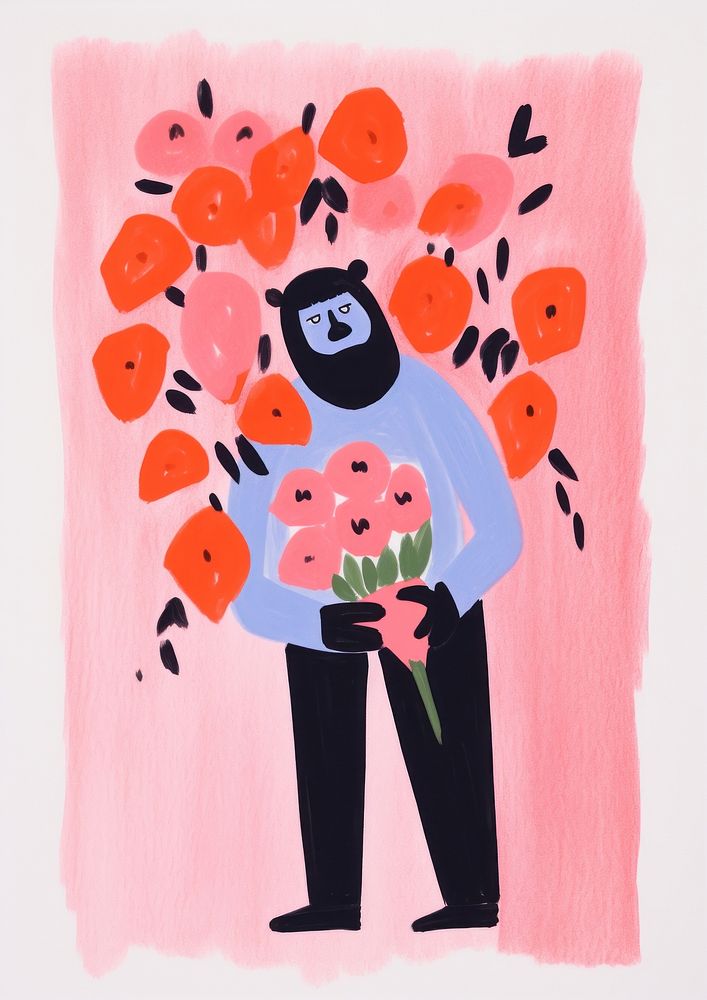 A Gorilla holds a large bouquet of roses art painting flower.