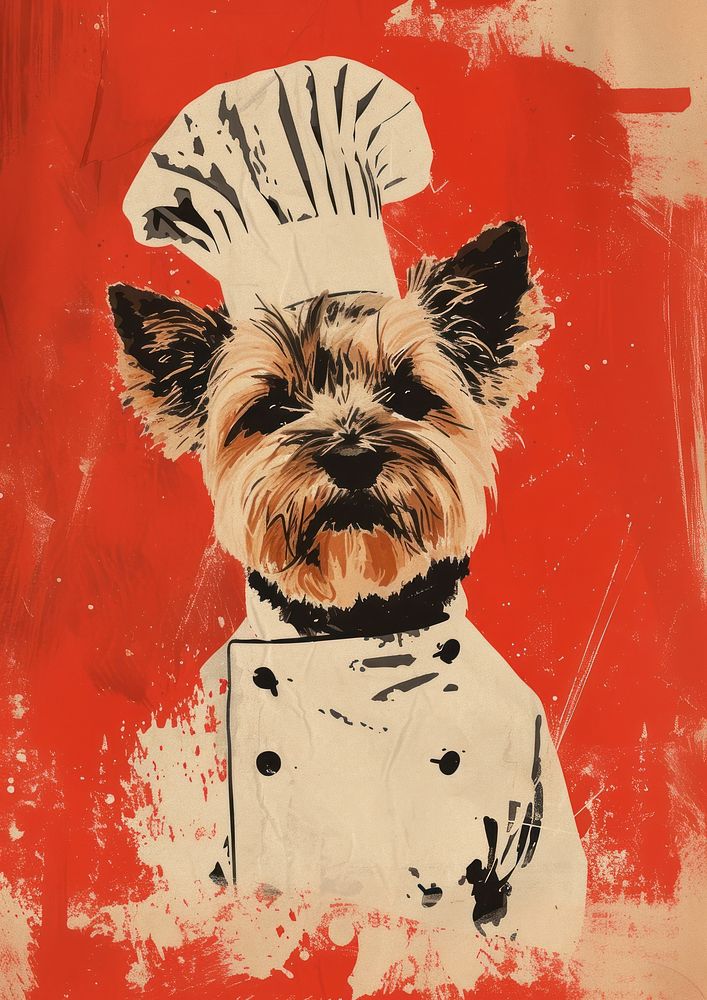 Yorkshire terrier dog wearing chef costume art painting mammal.