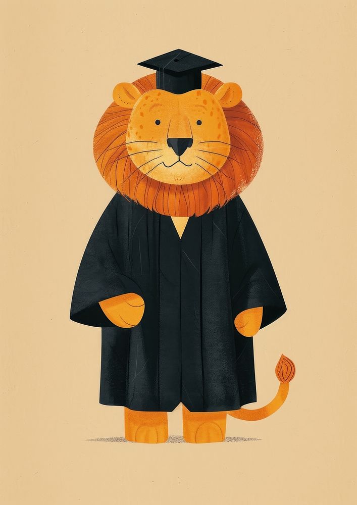 A lion graduates wearing a graduation gown art anthropomorphic representation.