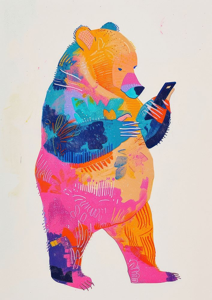 Bear is using a mobile phone Holding a mobile phone art painting drawing.