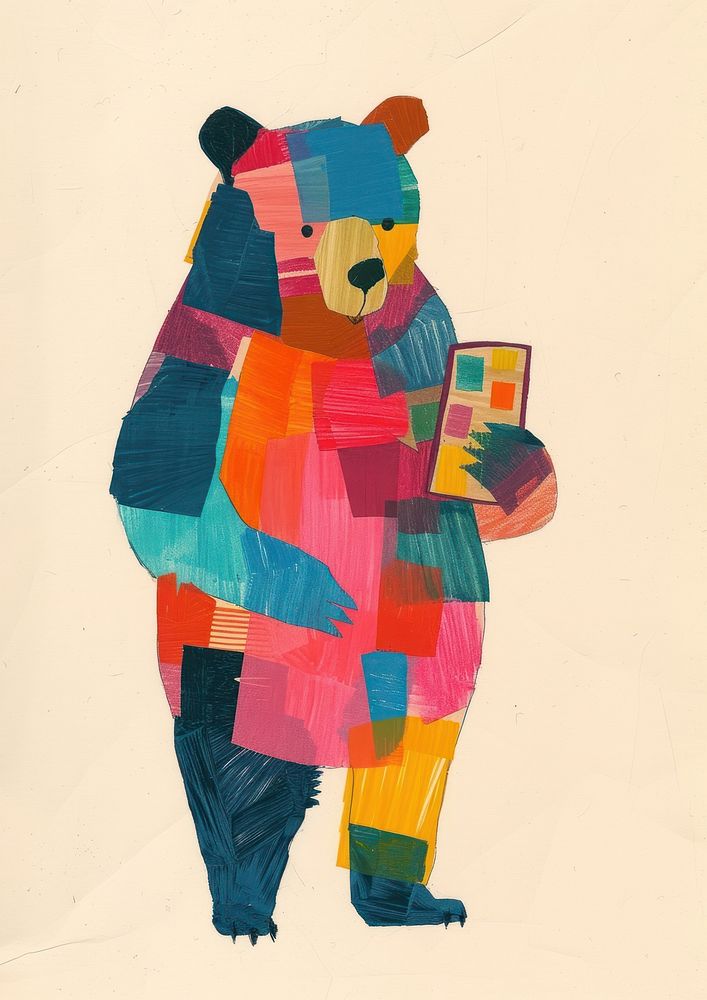 Bear is using a mobile phone Holding a mobile phone art painting holding.