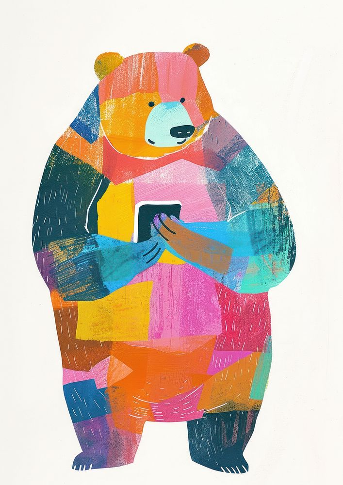 Bear is using a mobile phone Holding a mobile phone art painting animal.