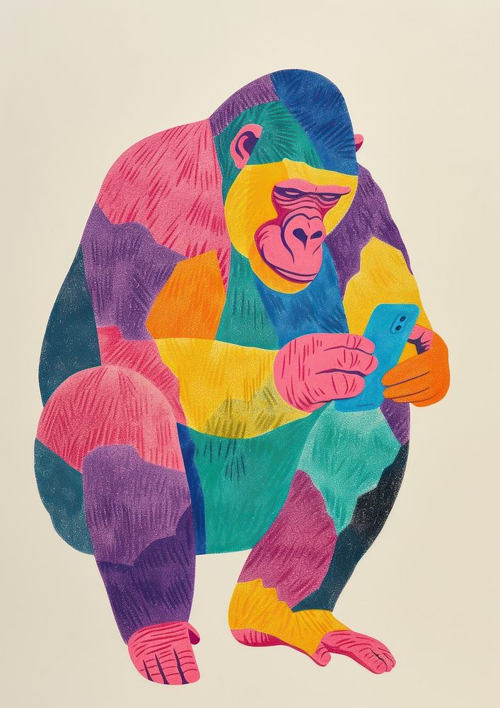 Gorilla is using a mobile phone Holding a mobile phone animal art mammal.