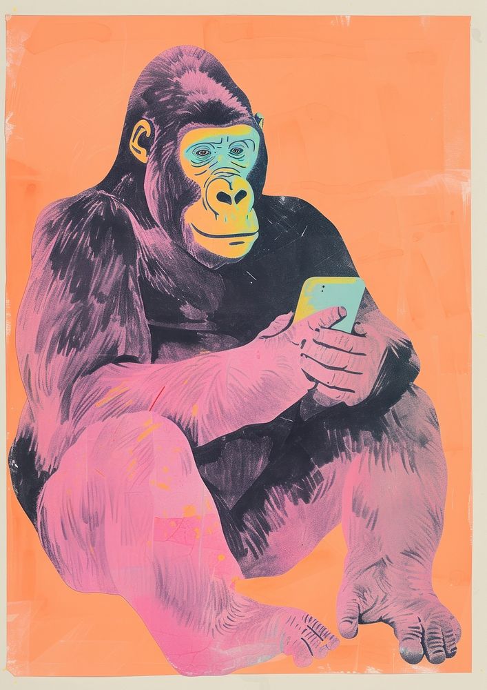 Gorilla is using a mobile phone Holding a mobile phone animal ape gorilla.