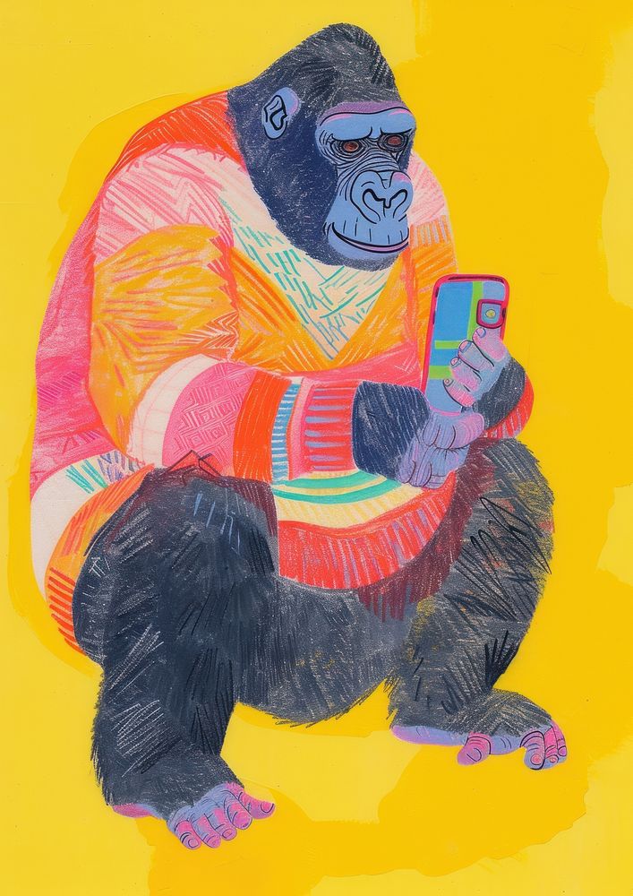 Gorilla is using a mobile phone Holding a mobile phone animal ape art.