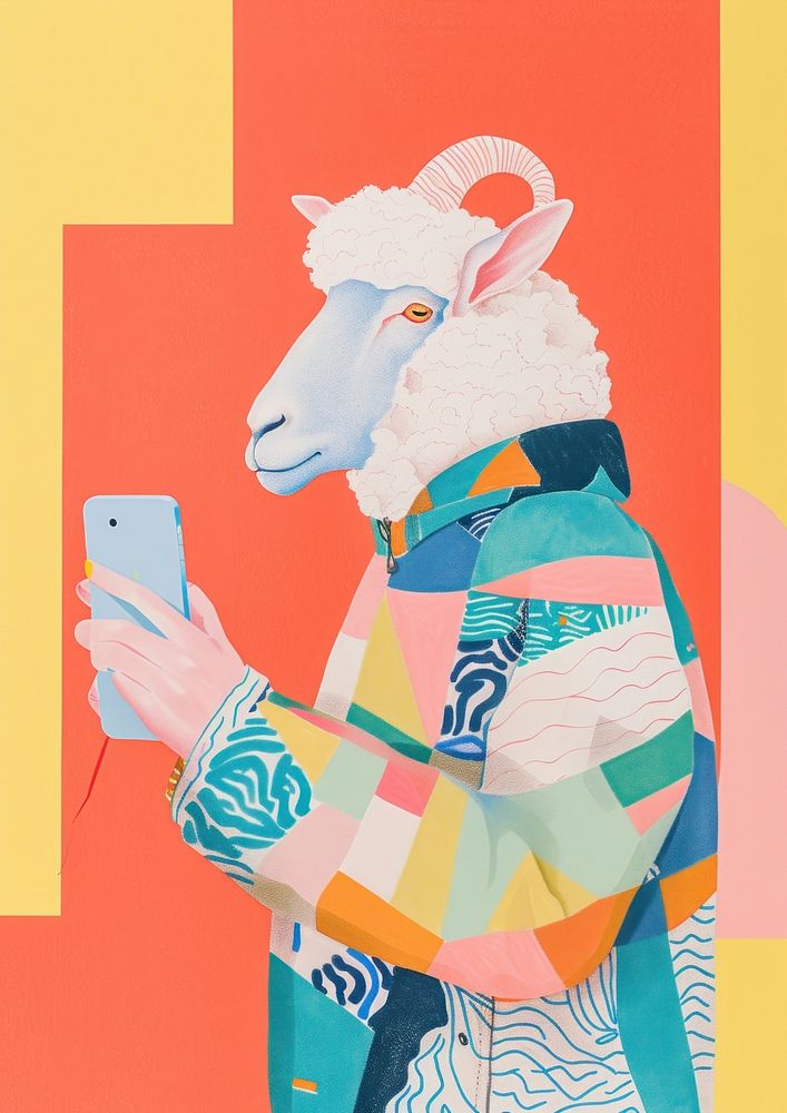 Sheep is using a mobile phone Holding a mobile phone art painting animal.