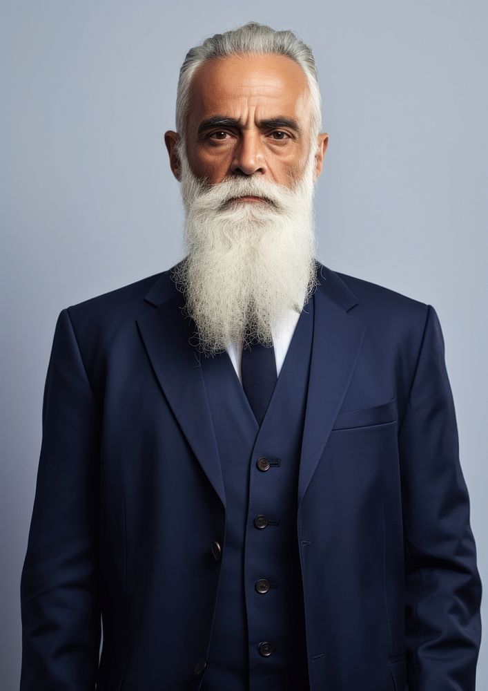 Navy blue formal suit  portrait fashion beard.