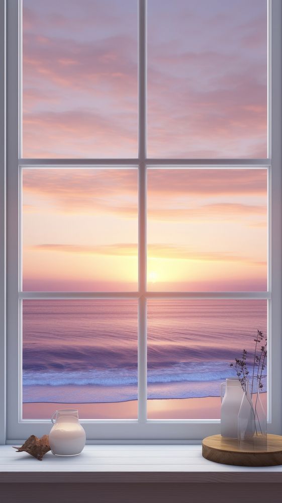 Open the window with a beautiful sea view windowsill sunset beach.