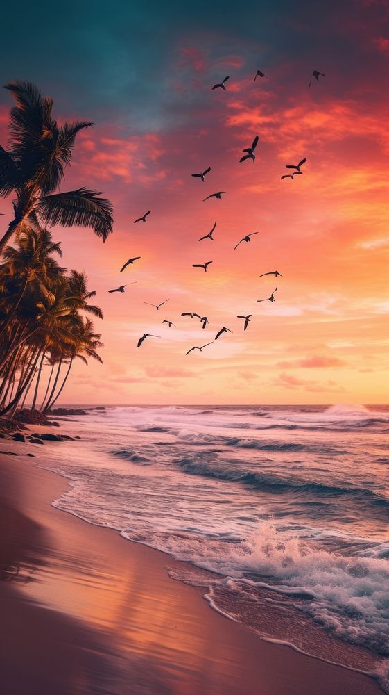 Seagulls fly over sandy beach and palm trees in tropical island sea landscape outdoors.