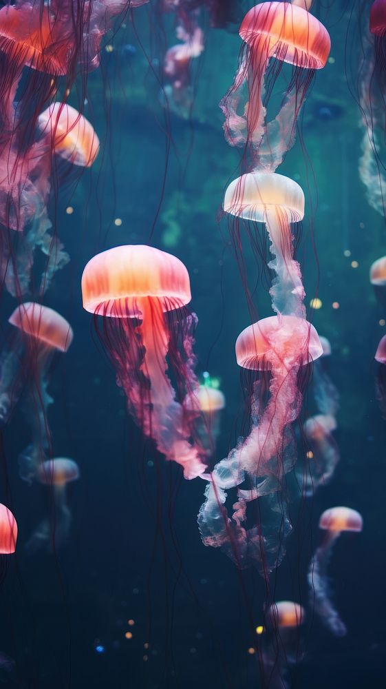 Many colorful jellyfish in the dark ocean aquarium animal invertebrate.