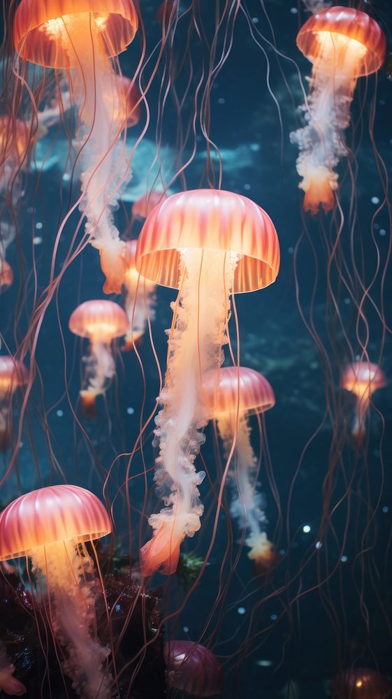 Many colorful jellyfish in the dark ocean animal invertebrate transparent.