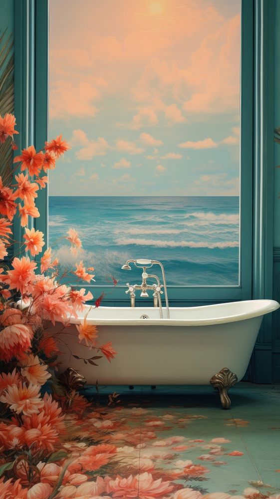 Sea wallpaper bathtub plant.