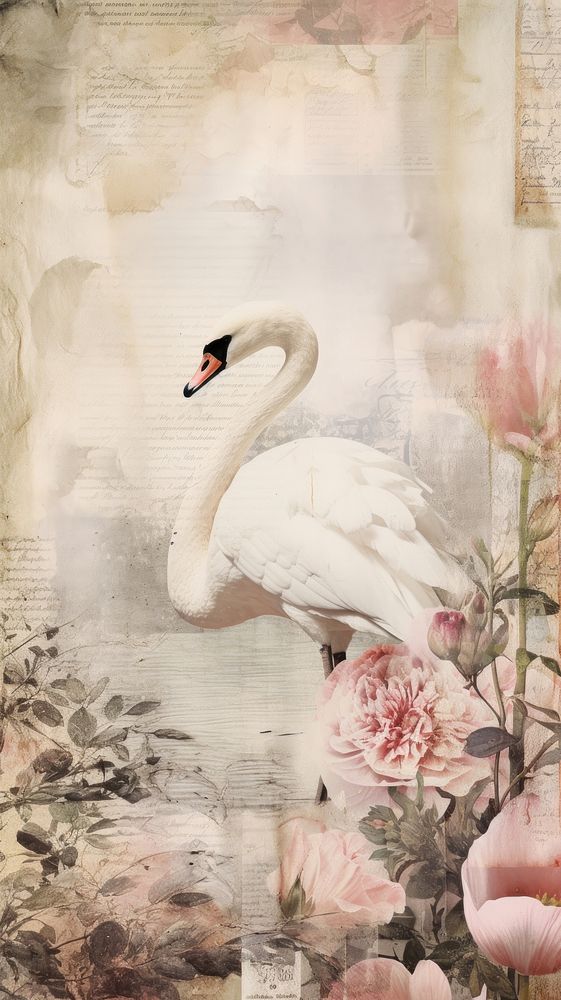Wallpaper ephemera pale Swan Antique swan painting animal.