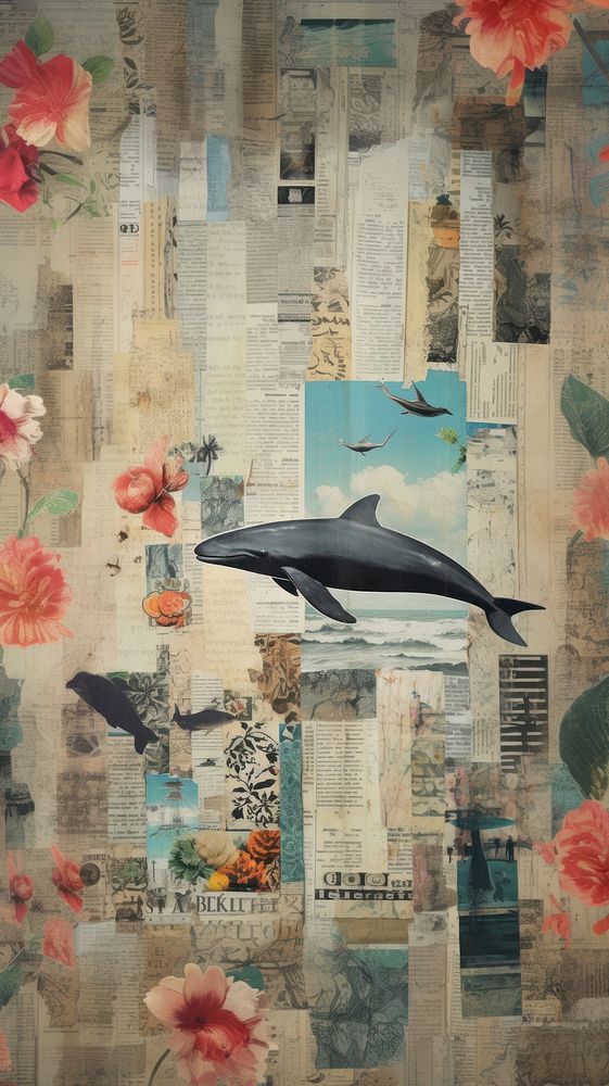 Wallpaper ephemera pale Whale collage dolphin animal.