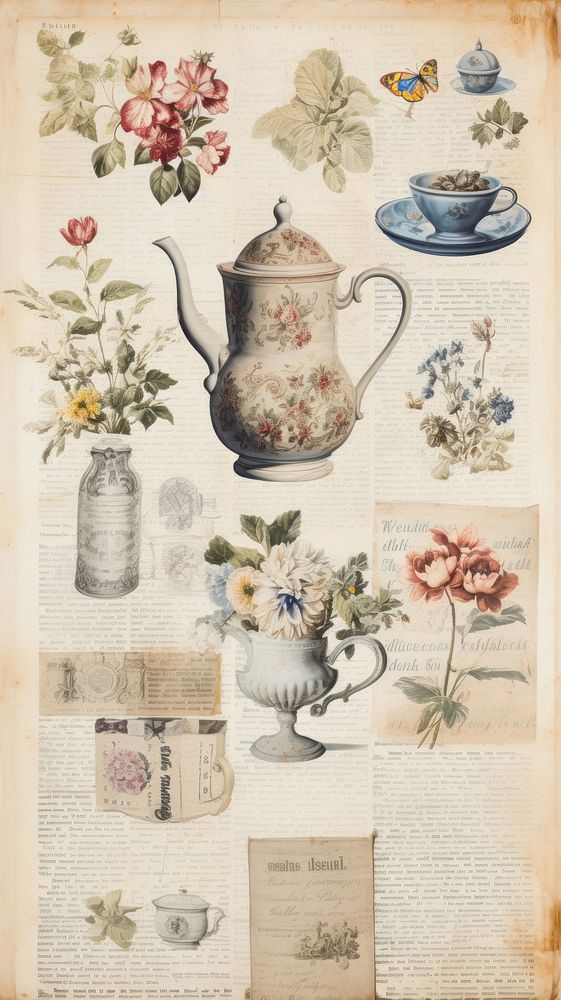 Wallpaper ephemera pale Teapot Antique teapot painting cup.