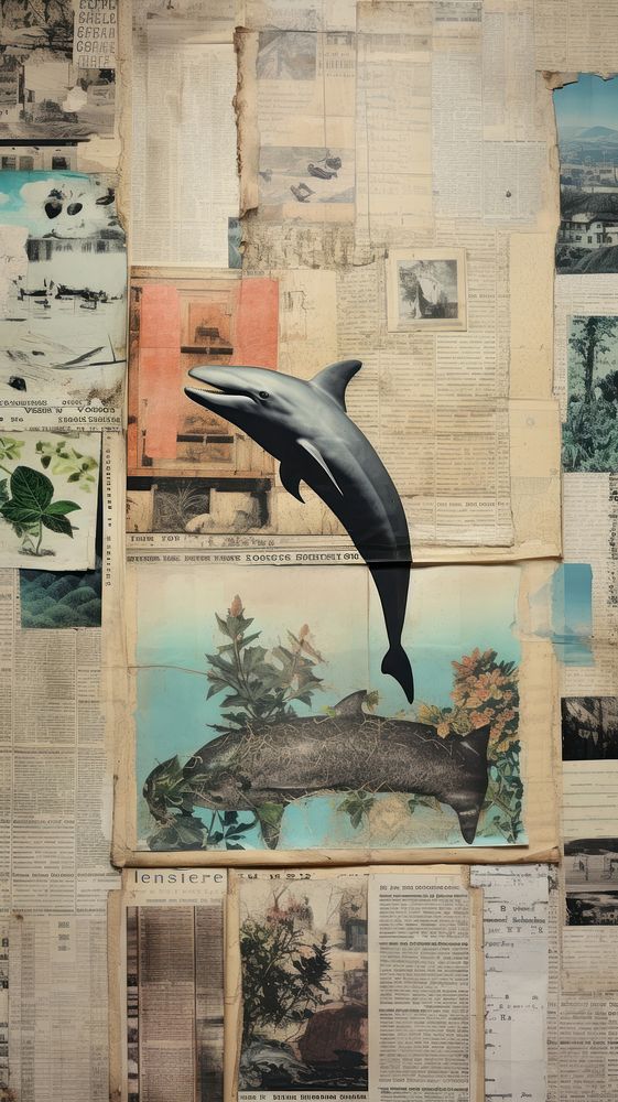 Wallpaper ephemera pale Whale collage painting dolphin.