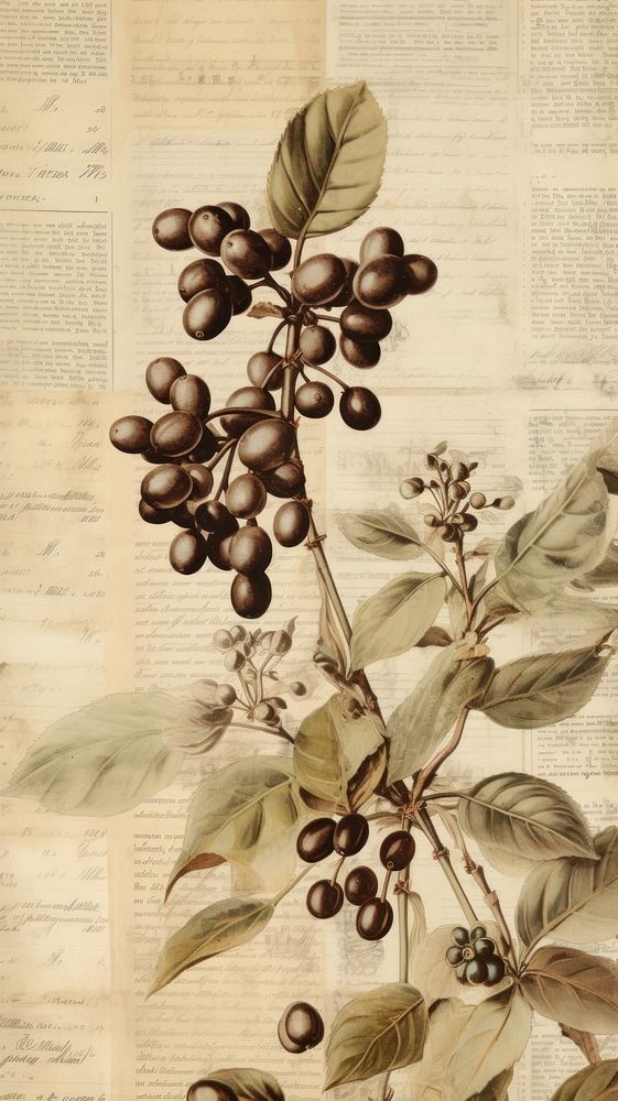 Wallpaper ephemera pale Coffee beans Antique grapes plant herb.