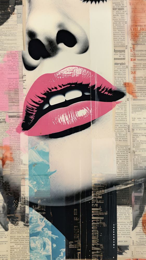 Wallpaper ephemera pale Lips lipstick collage poster.