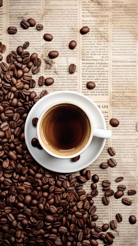 Wallpaper ephemera pale Coffee beans coffee newspaper drink.