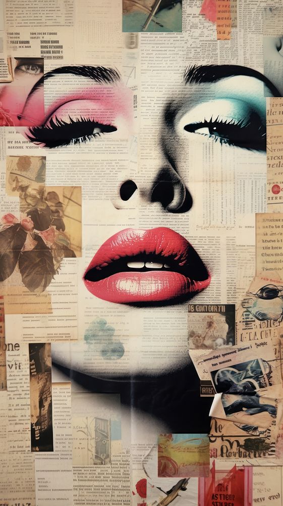 Wallpaper ephemera pale Lips collage newspaper poster.