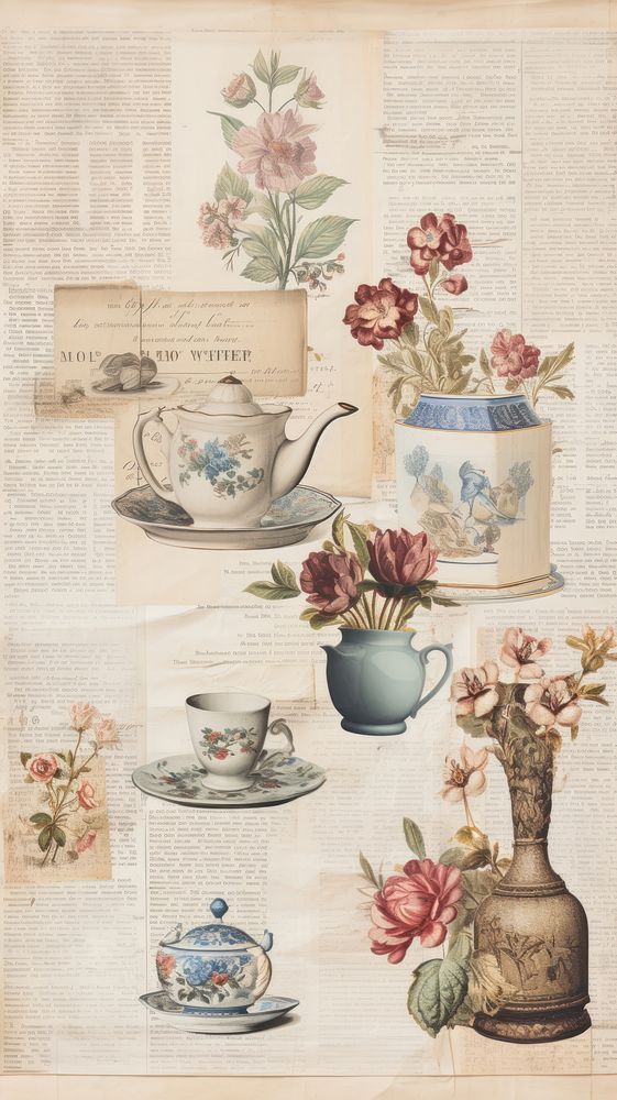 Wallpaper ephemera pale Teapot Antique porcelain painting saucer.