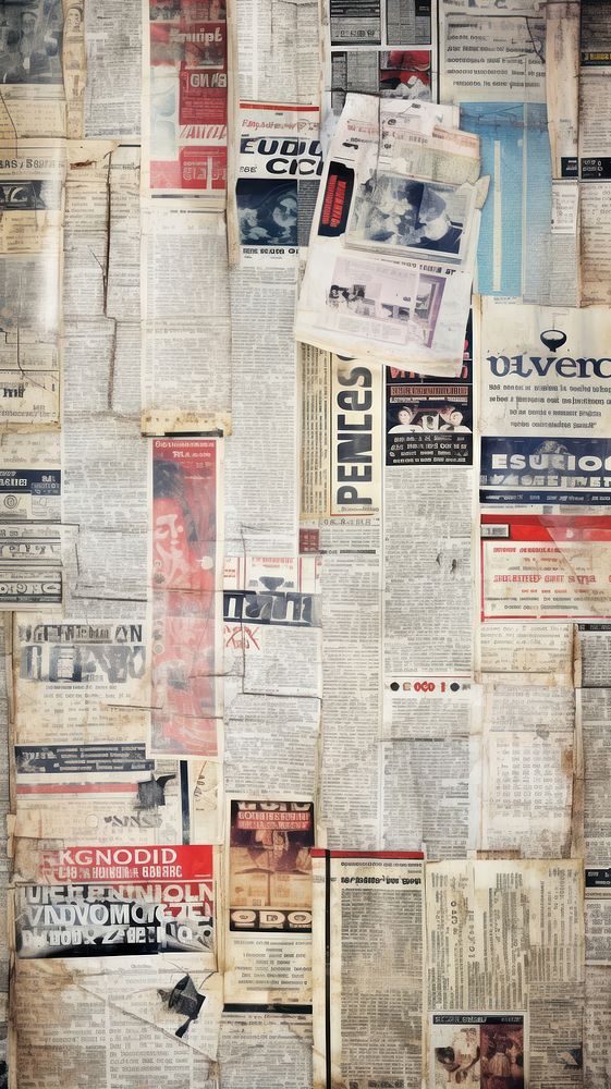 Wallpaper ephemera pale Filmstrip Antique newspaper collage text.