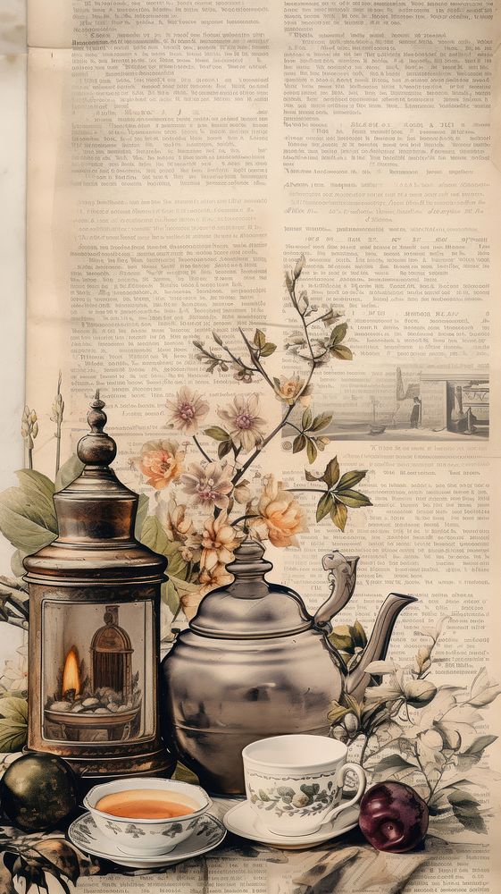 Wallpaper ephemera pale Teapot Antique teapot painting cup.