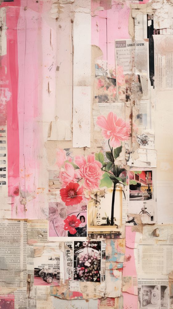 Wallpaper ephemera pale Flamingo collage painting flower.