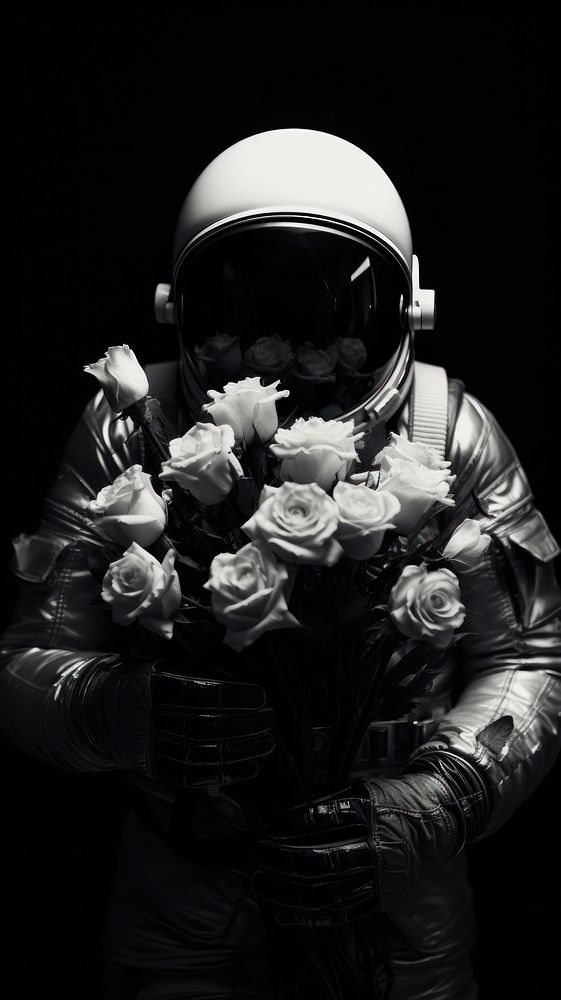 Photography of astronaut holding flowers petal white black.