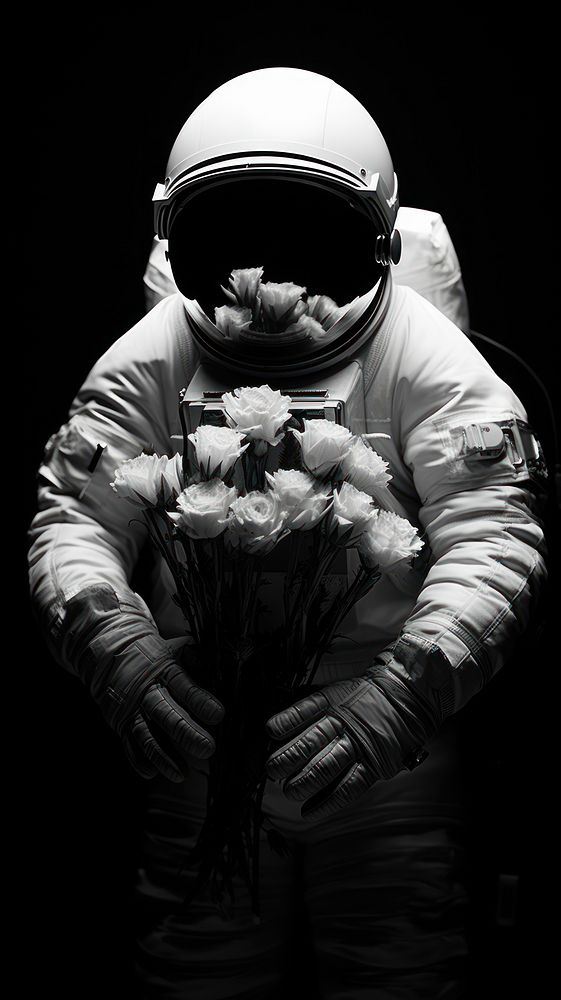 Photography of astronaut holidng flowers photography white black.