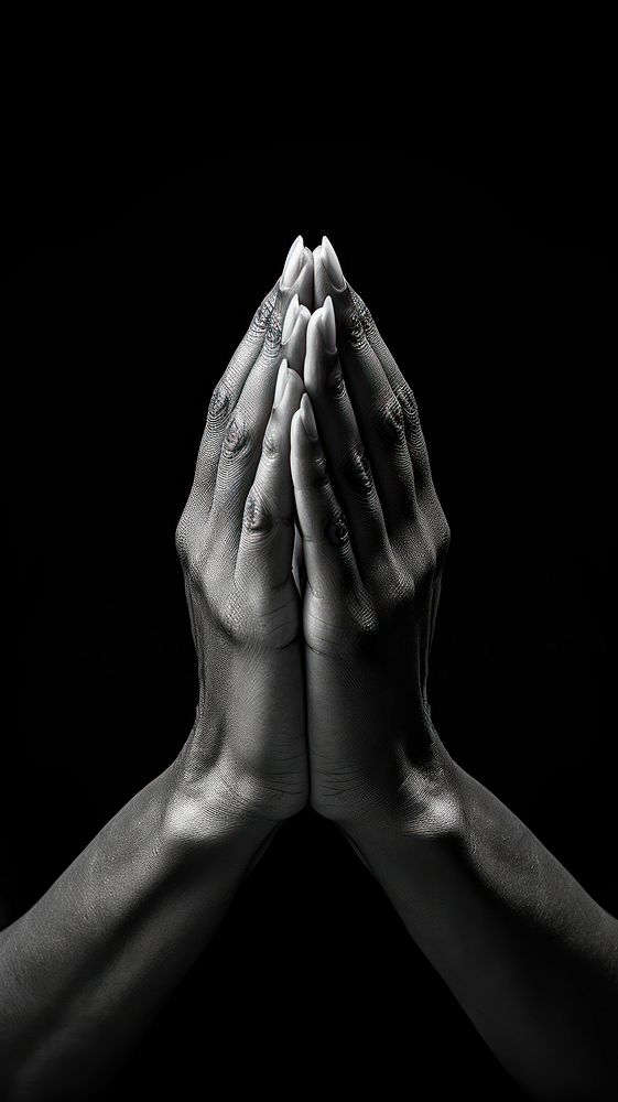 Photography of hand praying finger black white.