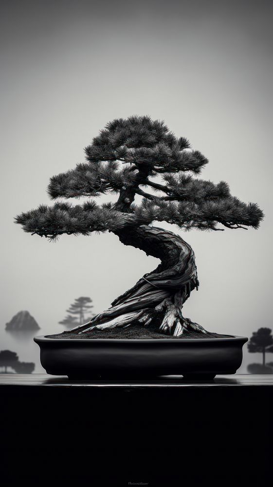 Photography of Japanese bonsai tree plant black monochrome.